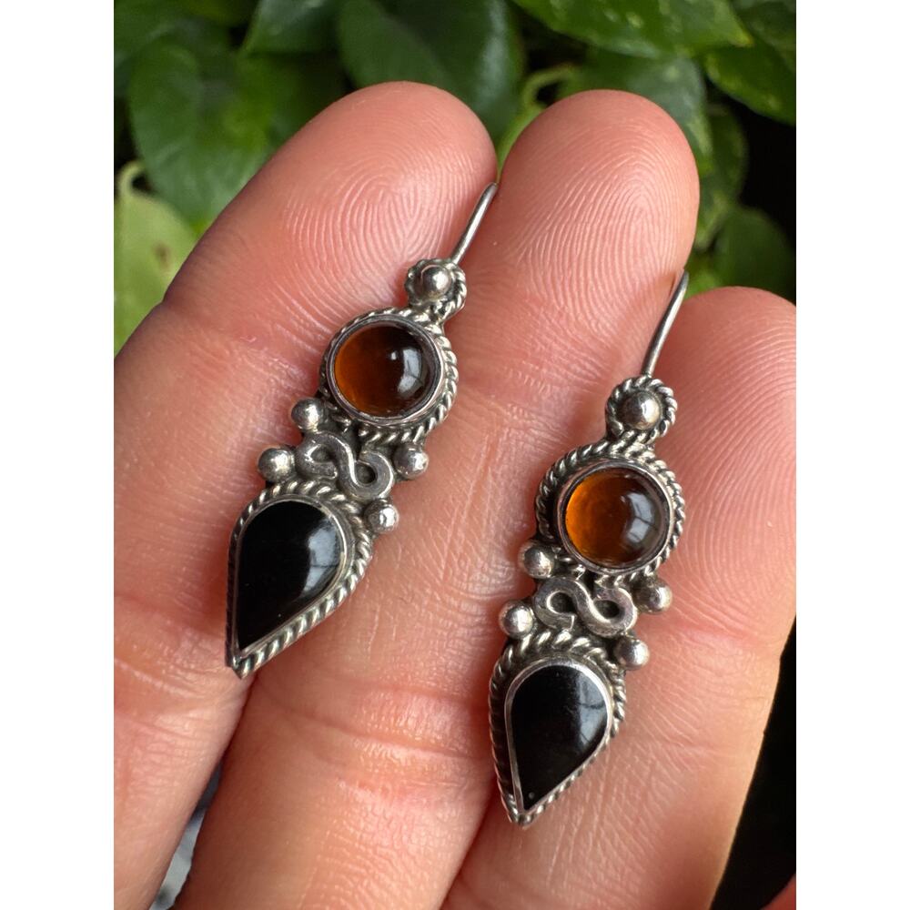 Vintage‎ CARSI Taxco Signed TC-57 Sterling Amber Onyx Earrings Pierced 925